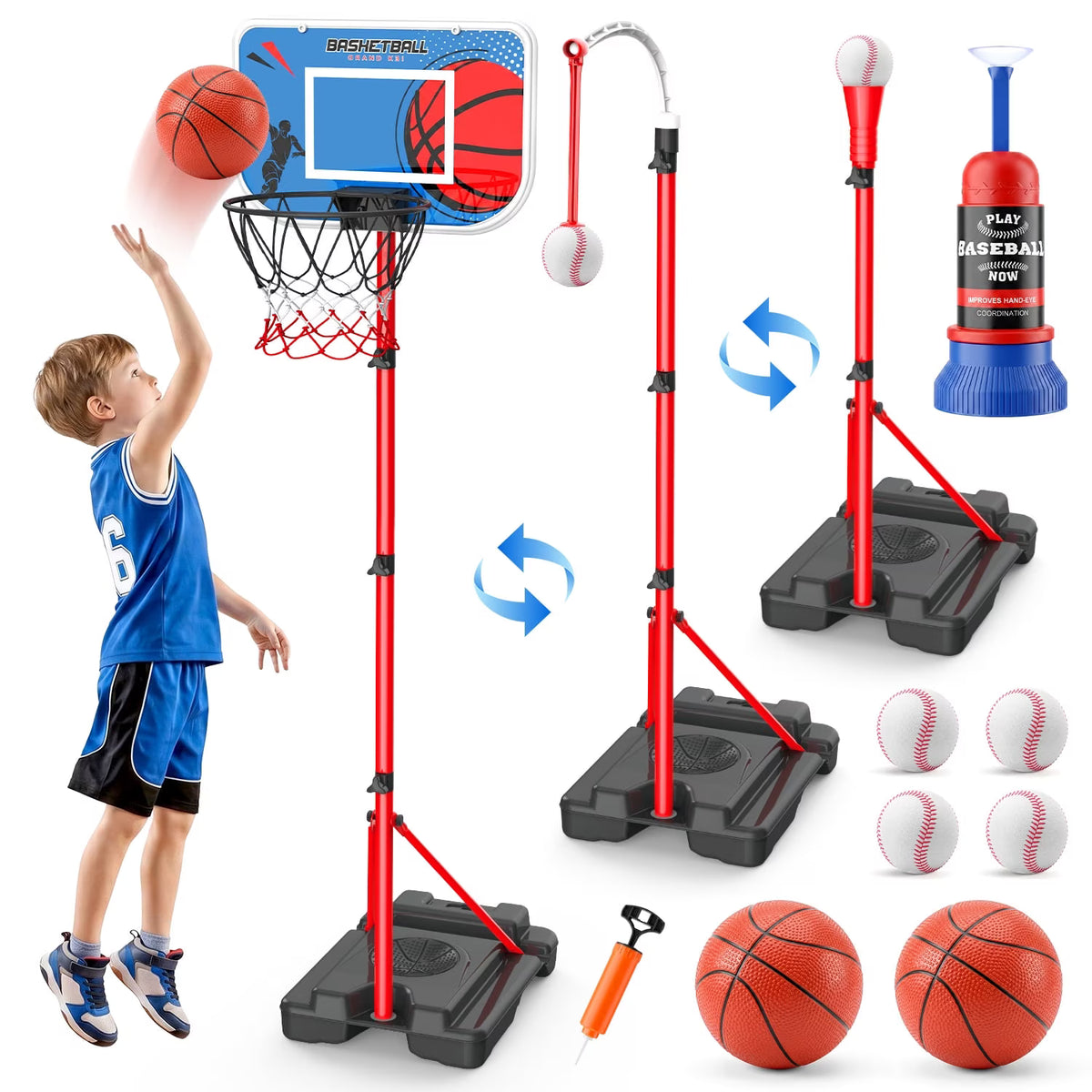 4-in-1 Toddler Basketball Hoop& Baseball& T-Ball Set for Toddlers 3 4 5 6 7 8+ Years Old, Toddler Outdoor Toys, Kids Sports Set Gift for 3-12 Years Old Boys, Birthday Gift.