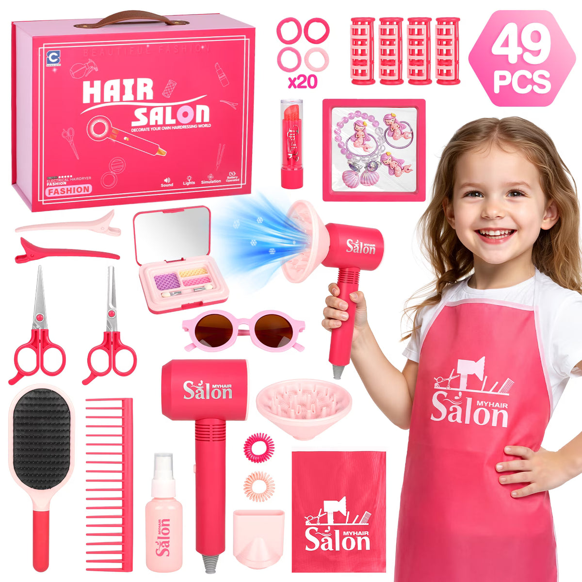 49PCS Hair Salon Toys for Girls 3-6-8-12 Years, Pink Makeup Stylist Kit with Hair Dryer.