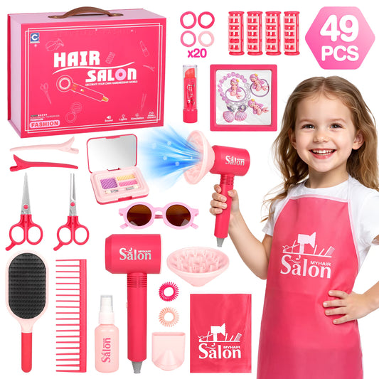 49PCS Hair Salon Toys for Girls 3-6-8-12 Years, Pink Makeup Stylist Kit with Hair Dryer.
