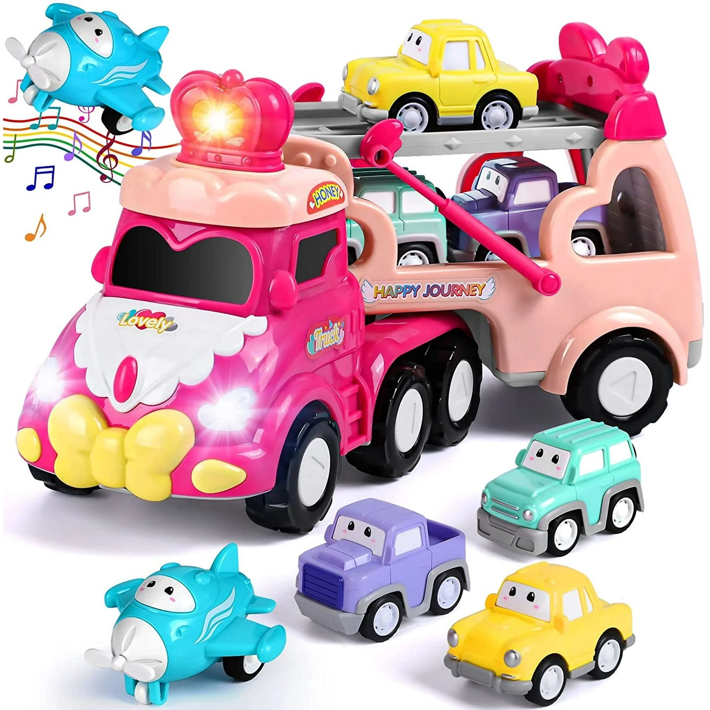 5 in 1 Carrier Car Toy Set, Pink Princess Toys for Girl Toddler Kid, Child Play Birthday Gift Christmas Party Favors