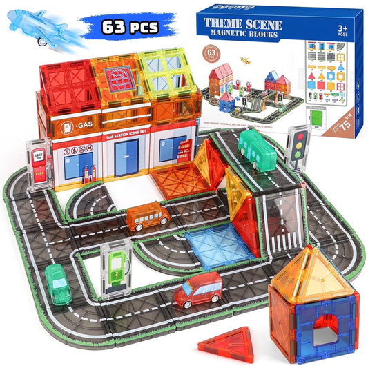 63PCS Magnetic Tiles, Gas Stations Building Blocks Toys for Kids Ages 3-12 Years, STEM Educational Toys Christmas Birthday Gift for Kids Boys Girls.