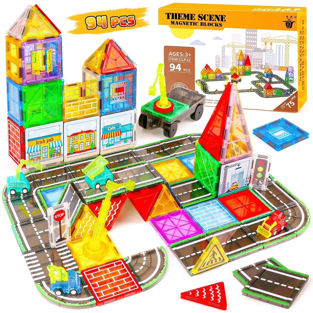 Magnetic Tiles 94PCS Large Size 75MM, Magnetic Building Blocks with Engineering Truck & Road Blocks, STEM Educational Toys for Kids Ages 3-6, Birthday Gifts for Boys Girls Toddlers.
