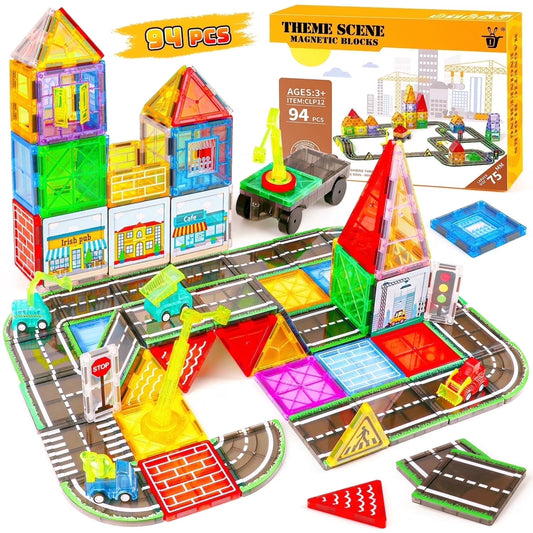 Magnetic Tiles 94PCS Large Size 75MM, Magnetic Building Blocks with Engineering Truck & Road Blocks, STEM Educational Toys for Kids Ages 3-6, Birthday Gifts for Boys Girls Toddlers.