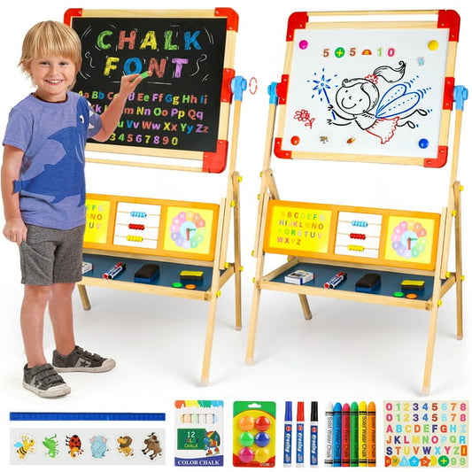 Freecat Art Easel for Kids, Wooden Kids Easel with Paper Roll, Double Sided Drawing & Learning Board , Birthday Gifts for Toddlers Kids 3-8 Years Old