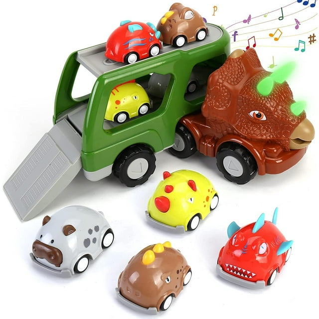 Car Truck Toy for 2 3 4 5 Years Old Boys, with 4 Pack Pull Back Dino Car, Transport Carrier Truck Set Christmas Birthday Gift for 18M+ Kids Toddler