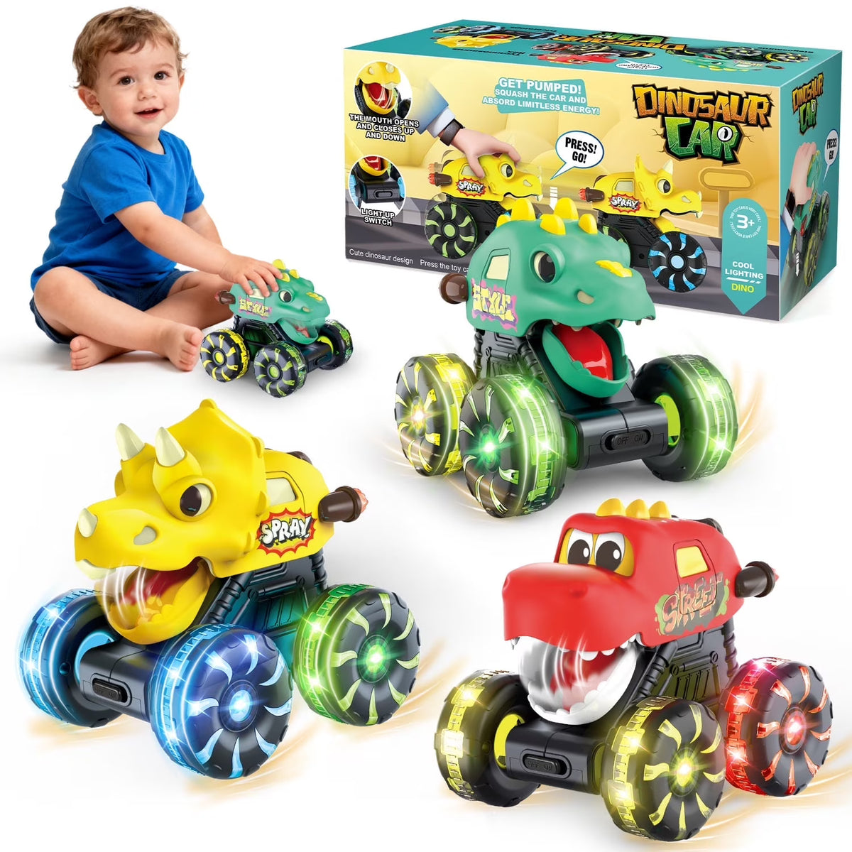 3PCS Dinosaur Pull Back Cars, Toys for Boys Ages 3-6, LED Light Up Wheels Press & Go Dinosaur Toys, Toddler Boy Gifts Christmas Birthday Gift.