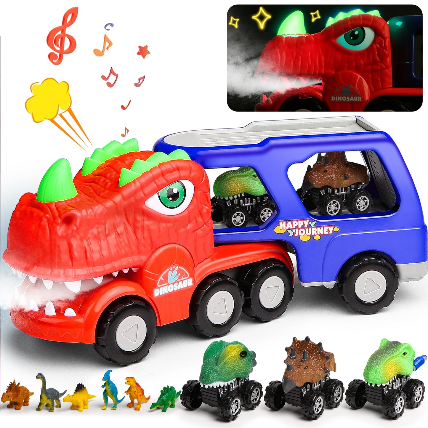 Freecat Dinosaur Toy Cars Light-up Carrier Truck for Kids, 10 in 1 Cartoon Vehicles Playset with Smoke, Christmas Gift Toys for 2 3 4 5 6 Year Old Boys Grils