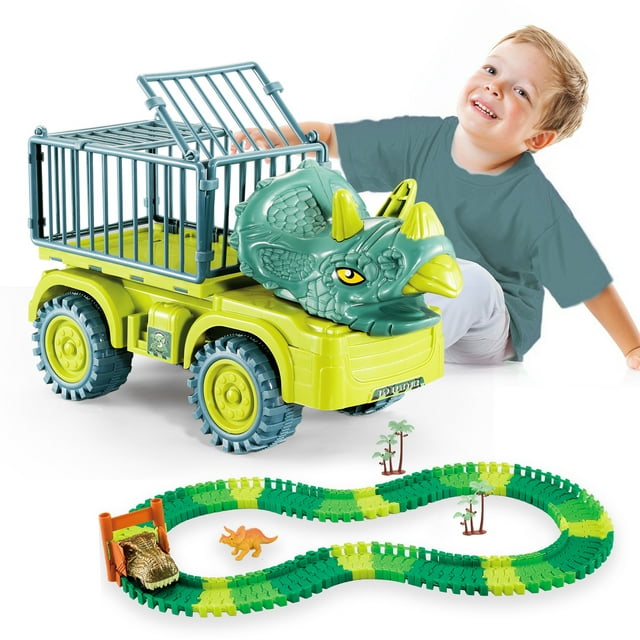 Dinosaur Truck Toys, Dino World Playset for Kids 3-5, STEM Educational Toy with Flexible Racetrack Cars and Dinosaurs, Birthday Christmas Gift for 3-8 Year Old Boys Girls