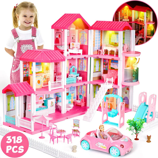 318Pcs Doll House for Girls, Princess Playhouse w/ 2 Dolls, Cars, Elevator, Pretend Play Set Doll Furniture Accessories, Princess Toy Birthday Christmas Gift for Toddlers 3 4 5 6+