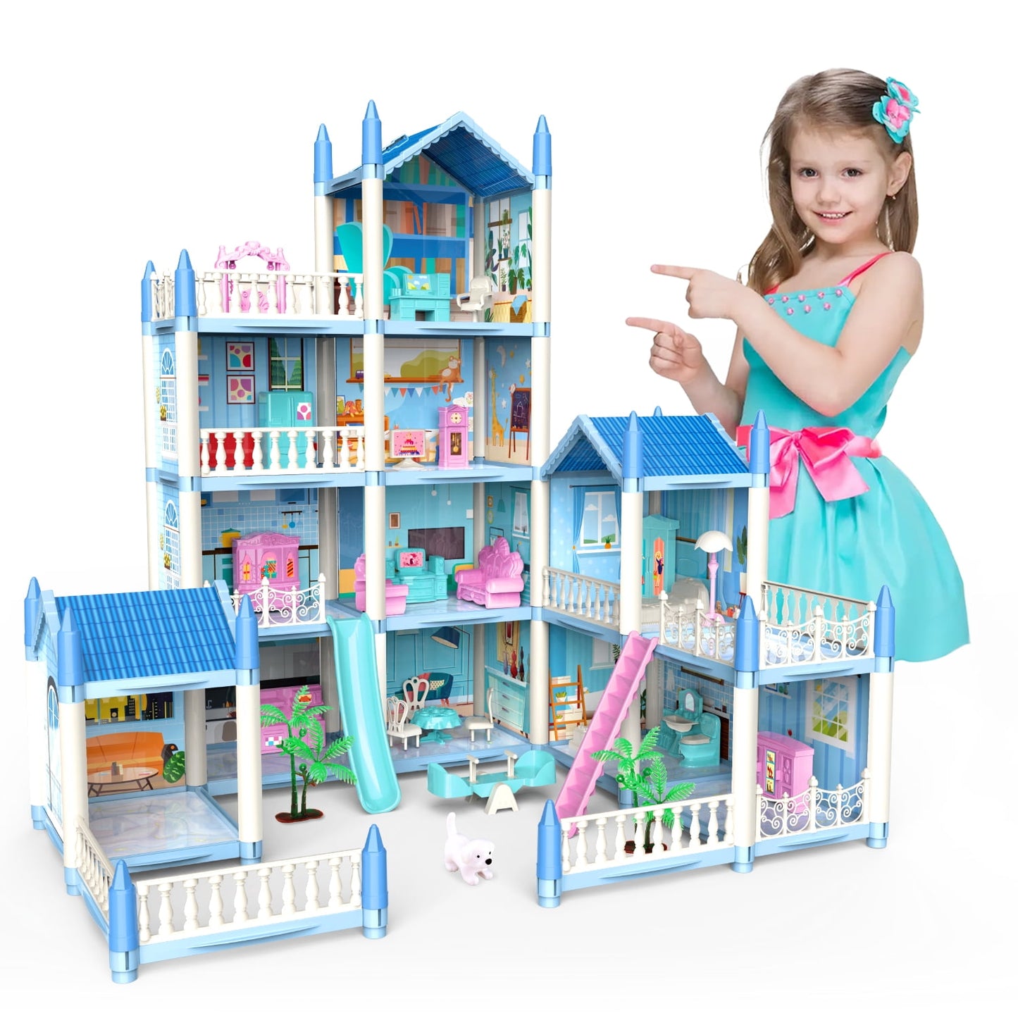 Freecat Doll House Kit, 11 Rooms DIY Pretend Play Bulding Dollhouse Playset Toys with Accessories and Furniture, Princess House for Toddlers, Christmas Birthday Gifts for 6 7 8 9 10 12 Year Old Girls