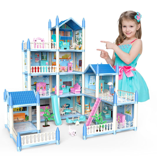 Freecat Doll House Kit, 11 Rooms DIY Pretend Play Bulding Dollhouse Playset Toys with Accessories and Furniture, Princess House for Toddlers, Christmas Birthday Gifts for 6 7 8 9 10 12 Year Old Girls