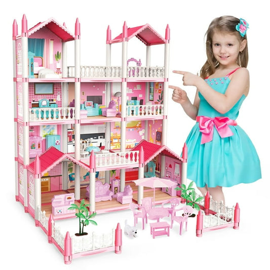 Freecat Doll House Kit, 11 Rooms DIY Pretend Play Dollhouse Playset Toys with Accessories and Furniture, Princess House for Toddlers, Christmas Birthday Gifts for 6 7 8 9 10 12 Year Old Girls (Pink)