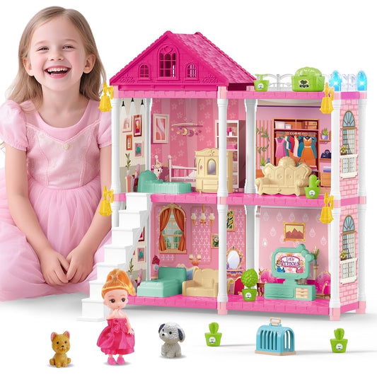 Dollhouse Kit for Girls, 4 Rooms, 98PCS Building Toys for Girls Ages 3-6 Years, Birthday Christmas Pretend Play Gift for Little Girl.