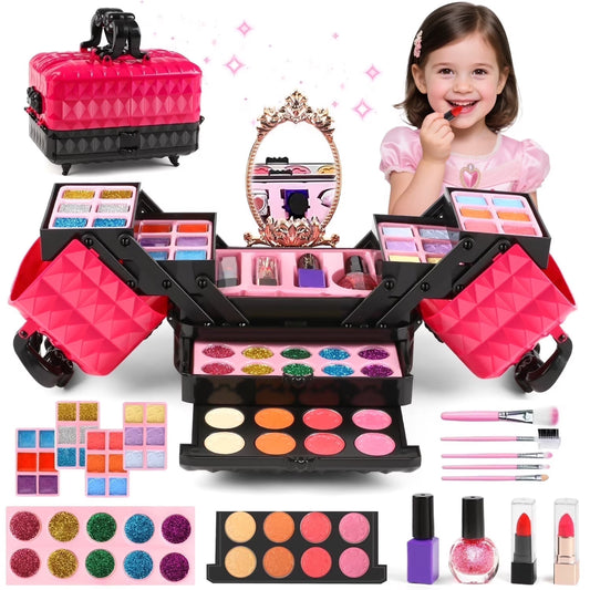 Girl Makeup Kit, 54pcs Washable Makeup Set Toys for Kids Girls Ages 3-6, Christmas & Birthday Gift for Girls Age 3 4 5 6 7 8, Pretend Play Rose Red Case Toys.