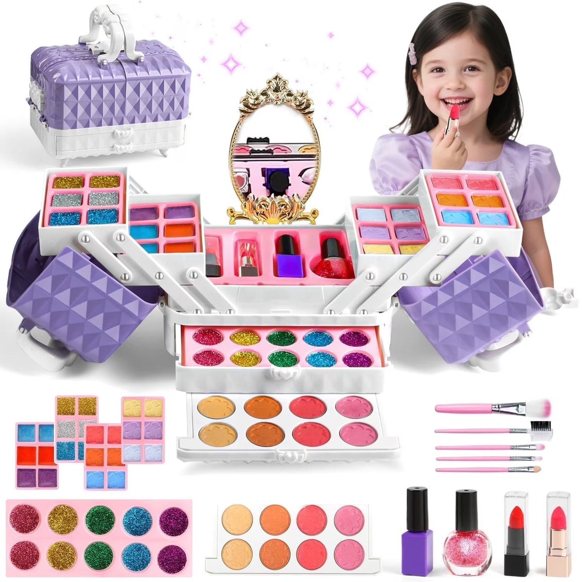 Kids Makeup Set for Girls, 54 PCS Washable Toys for Girl 3-6 Years, Lavender Purple Makeup Case for Little Girls, Christmas Birthday Gifts for Kids 3 4 5 6.