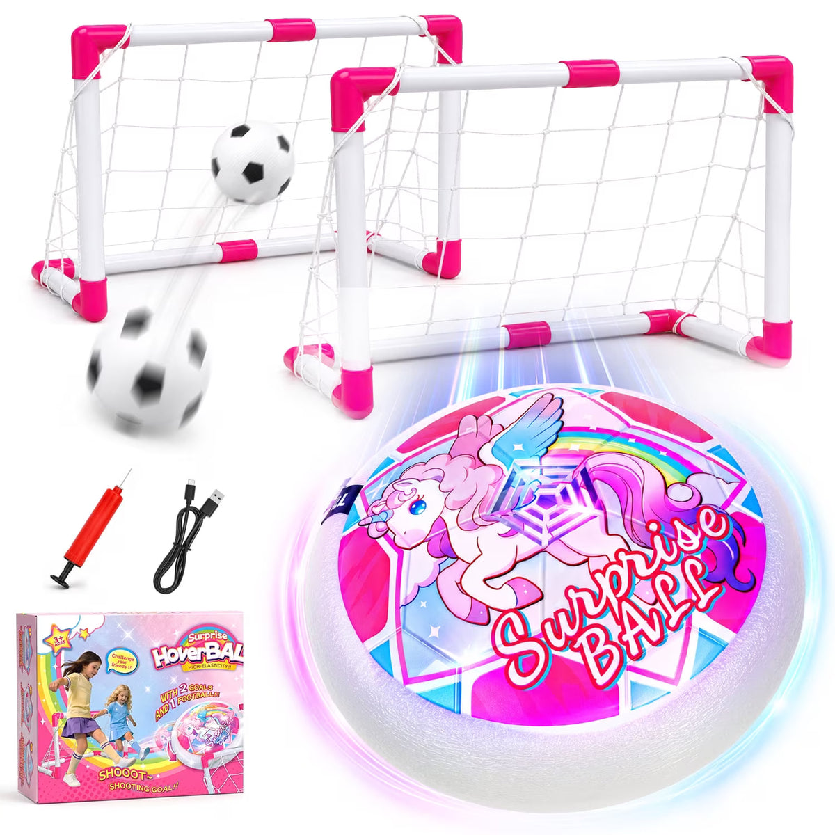 Hover Soccer Ball Set with 2 Goals, Unicorn LED Rechargeable Hover Ball, Kids Soccer Set, Outdoor Soccer Games Toys for Kids Ages 3-12, Christmas/Birthday Gift for Girls Boys.