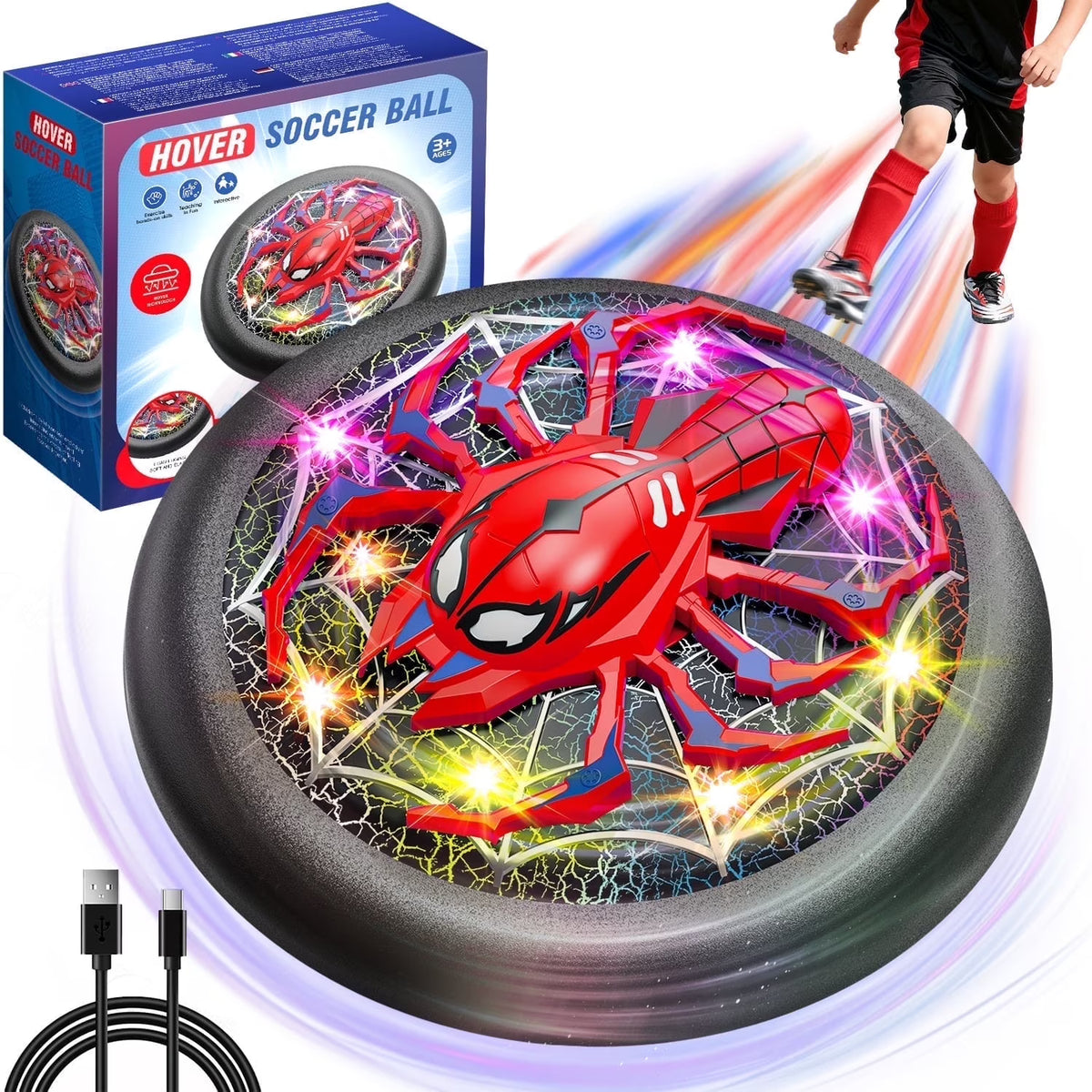 Hover Soccer Ball, LED Light, Spider Design, Toys for Boys 3 4 5 6 7 8 Years, Rechargeable Indoor/Outdoor Soccer Ball Toys, Christmas/Birthday Cool Gift for Boys 3-12 Years Old.