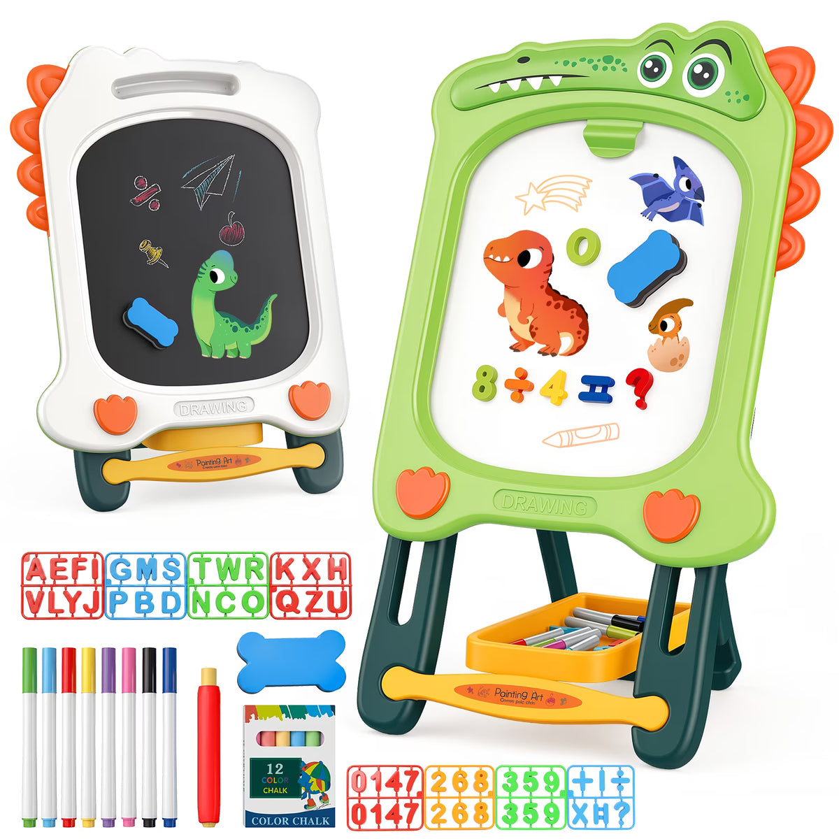 Kids Art Easel Double-Sided Magnetic Drawing Board with Whiteboard Chalkboard Letters Numbers and Storage Tray, Dinosaur Toddler Easel