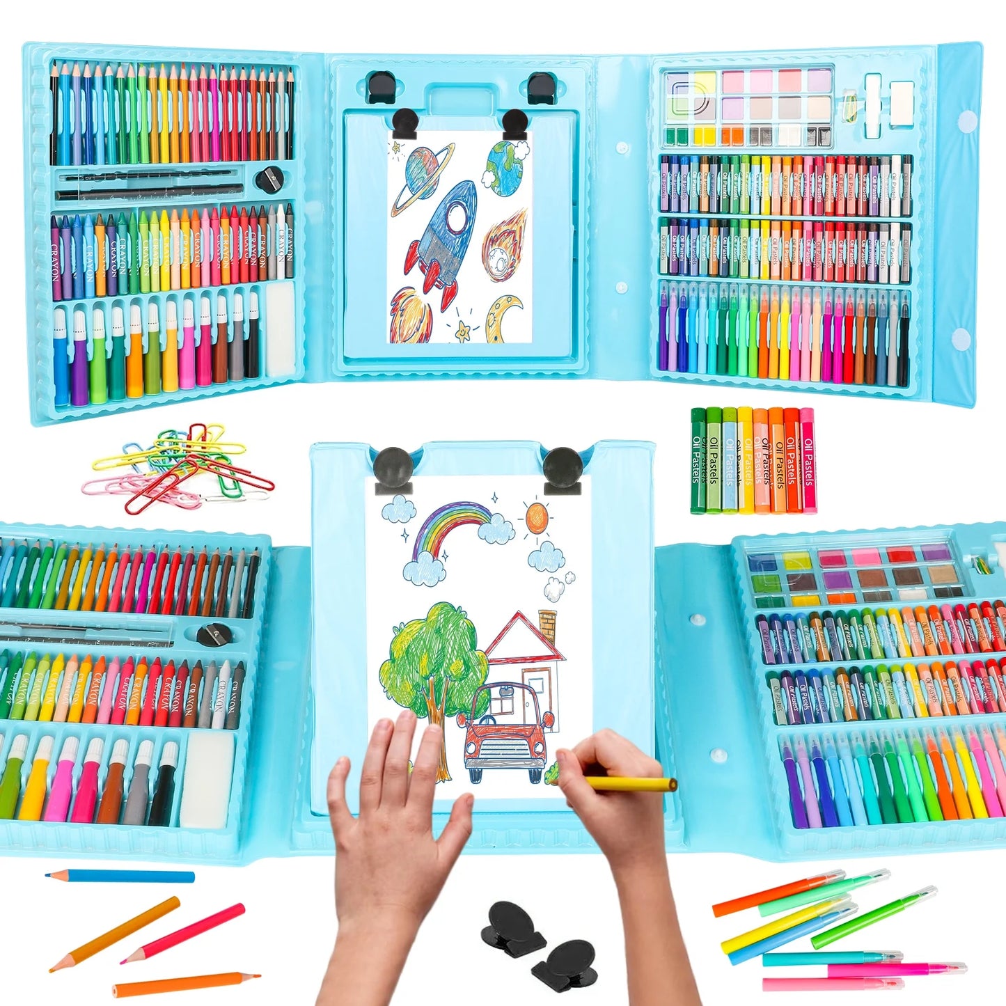 Kids Art Set, Trifold Easel Drawing Kit, 208 Pcs Color Set, Art Supplies for Kids 4-8, Perfect Coloring Kit, Drawing Kit, Arts & Crafts for School Supplies(Blue)