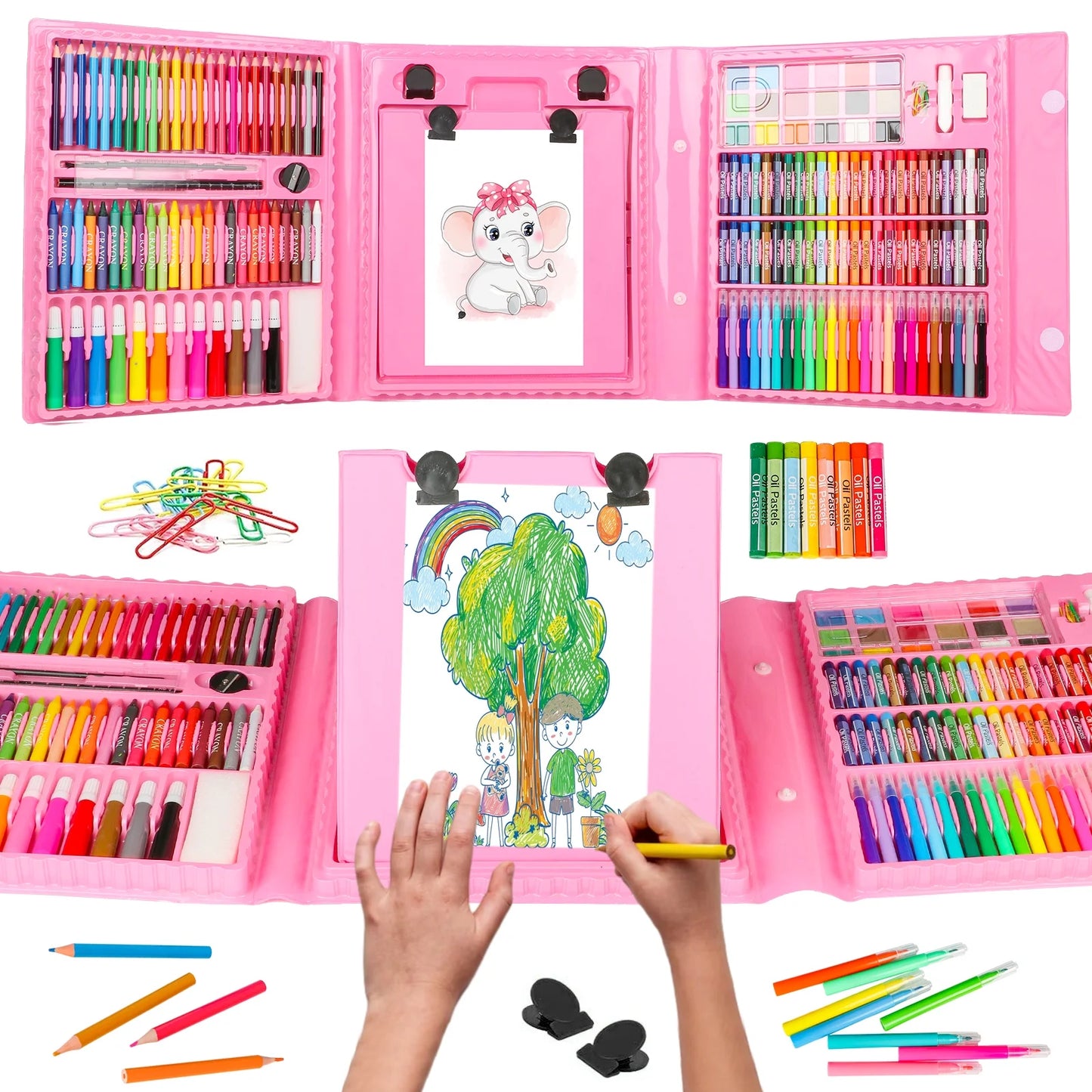 Kids Art Set, Trifold Easel Drawing Kit, 208 Pcs Color Set, Art Supplies for Kids 4-8, Perfect Coloring Kit, Drawing Kit, Arts & Crafts for School Supplies(Pink)