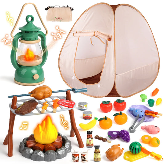 Kids Camping Tent Set with 49 Pieces, Indoor/Outdoor Play Tent for Toddlers Girls 3-6 Years, Birthday Christmas Gift for Kids Girls 3-6 Years.