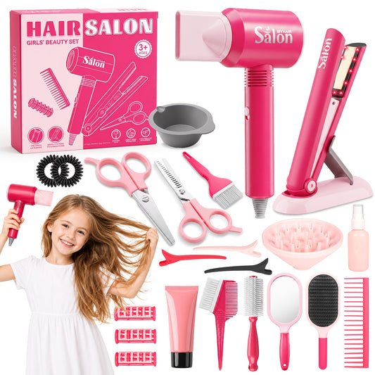 Kids Hair Salon Playset, Pretend Beauty Set with Toy Hair Dryer, Toy Straightener, Comb, Mirror and Styling Accessories for Kids Ages 3+