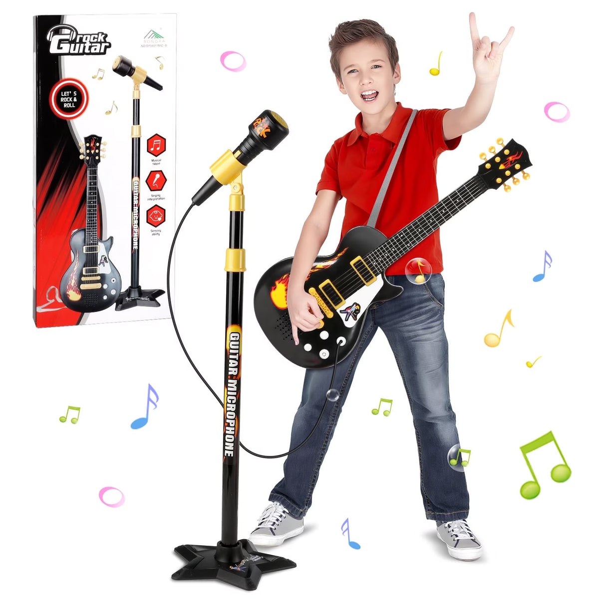 Toddler Guitar, Cool Black Toy Guitar for Kids Boys Ages 3 4 5 6 Years, with Microphone and Adjustable Stand, Musical Instrument Christmas &Birthday Gift for Boys.
