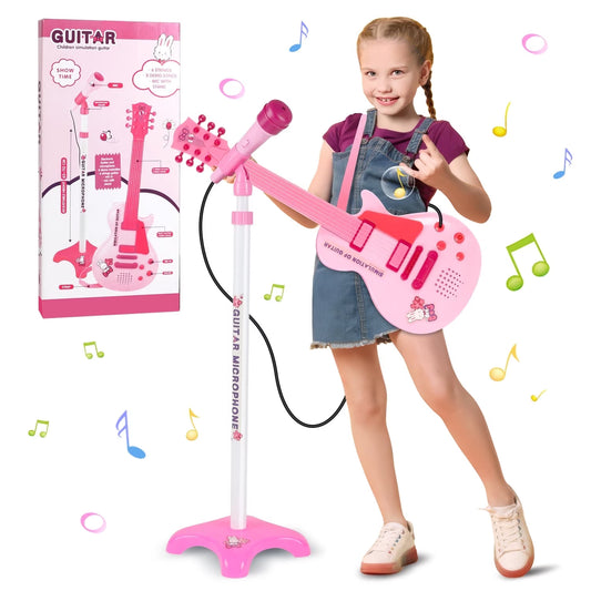 Toddler Guitar, Pink Toy Guitar for Kids Ages 3 4 5 6 Years, with Microphone and Adjustable Stand, Musical Instrument Christmas &Birthday Gift for Girls.