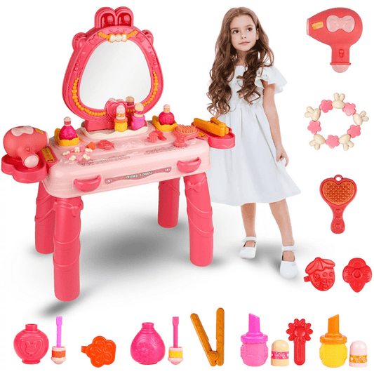 Pretend Play Girls Vanity Set with Mirror 29 PCS, Pretend Play Toddler Makeup Vanity Table Toys, Toddler Vanity Set for Kids, Princess Vanity Toys for 2 3 4 5 Year Old Girls Gift