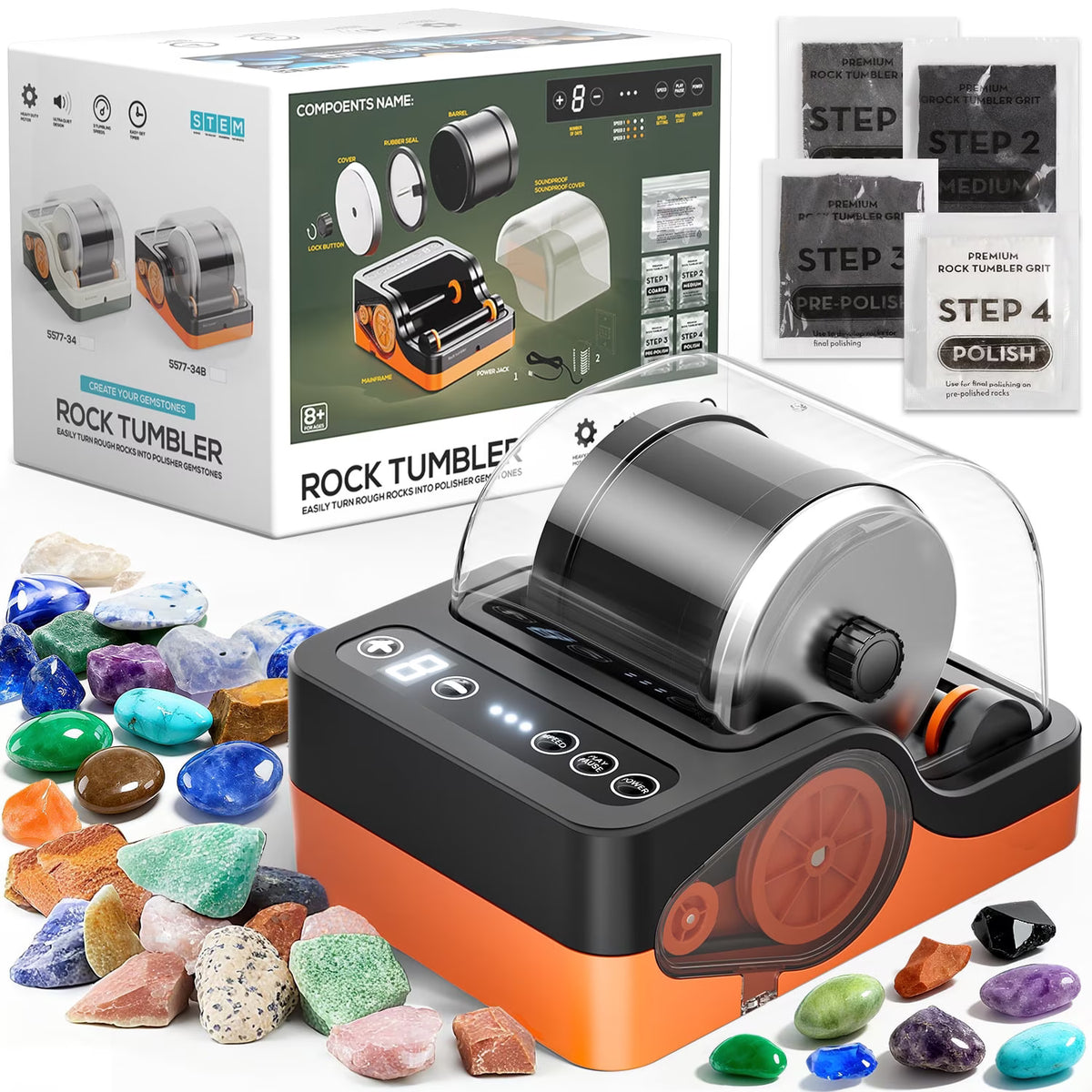 Rock Tumbler Kits Set for Kids and Adults, Black& Orange, STEM Science Kit, Tumbler Grits, Rocks & Jewelry Polishing Accessories Set, Christmas Birthday Gift.
