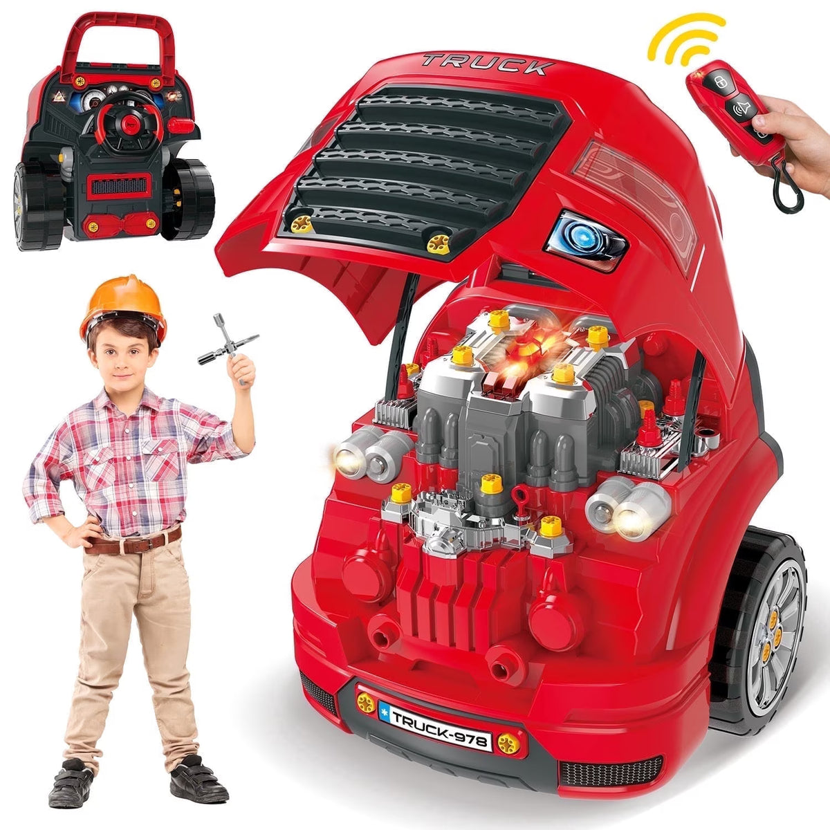 Truck Toys, Trucks Engine Toys for Boy 3 4 5 6 7 8 Years, Boys Christmas Birthday Gift for Pretend Mechanic Construction Repair & Drive Play.