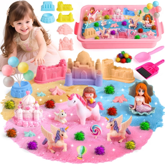 3-Color Sensory Bin Toys for Girls, Unicorn Sensory Bins for Toddlers 3-6 with Castle Molds &Sandbox, Christmas Birthday Gift for Toddler Girls.