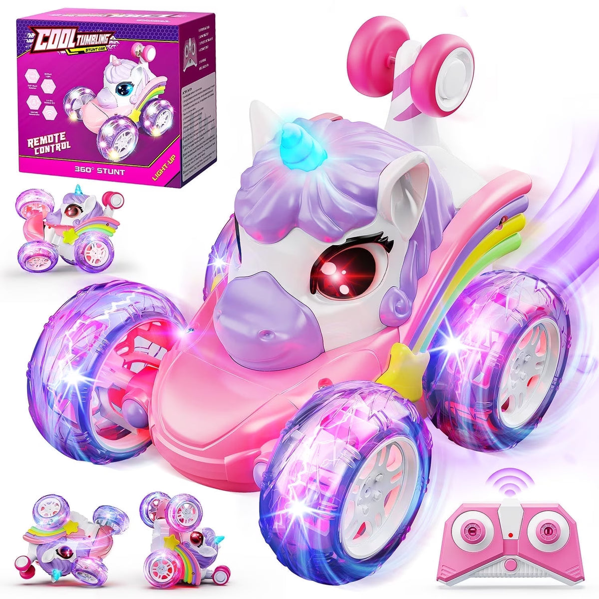 Remote Control Unicorn Car with LED Lights, RC Stunt Car Toy for 3-8 Year Old Girls, 2.4GHz 360 Stunt Car, Birthday Gift for Toddlers Girls 3-6.