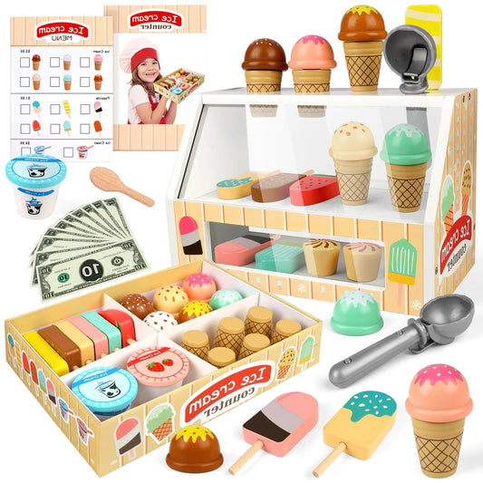 Wooden Ice Cream Set, Play Food Toys for Girl Ages 3 4 5 6 Years, Birthday Christmas Gift for Girls.