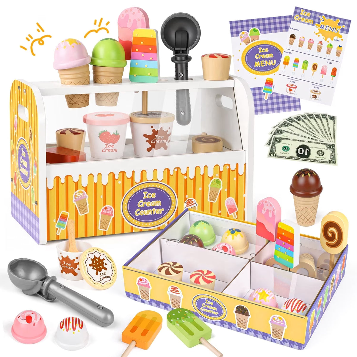 Wooden Ice Cream Set, Play Food Toys for Girl Ages 3 4 5 6 Years, Birthday Gift for Girls.