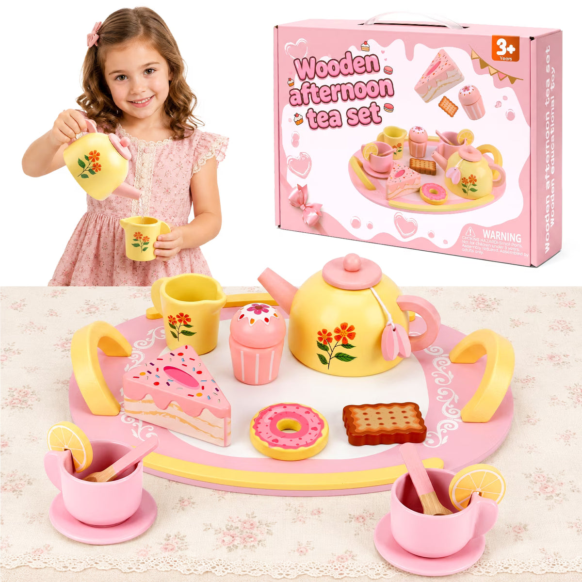 Wooden Tea Set for Girls Ages 3-6, Tea Party Toys for 3-6 Year Old Girls with Teapot, Tea Cups, Tray, Cake, Cookies and Pretend Play Kitchen Accessories Birthday Gift.