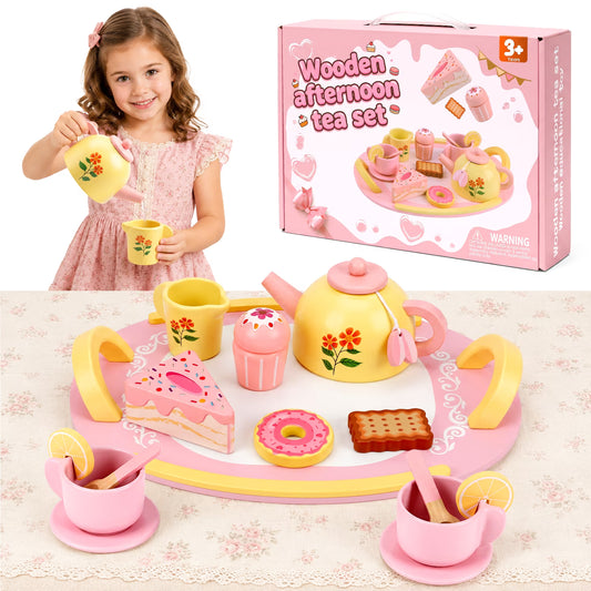Wooden Tea Set for Girls Ages 3-6, Tea Party Toys for 3-6 Year Old Girls with Teapot, Tea Cups, Tray, Cake, Cookies and Pretend Play Kitchen Accessories Birthday Gift.