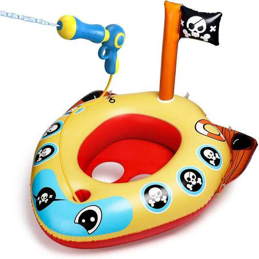 Inflatable Pirate Boat Pool Float for Kids with Built-in Squirt Gun, Inflatable Ride-on for Kids Aged 3-8 Years