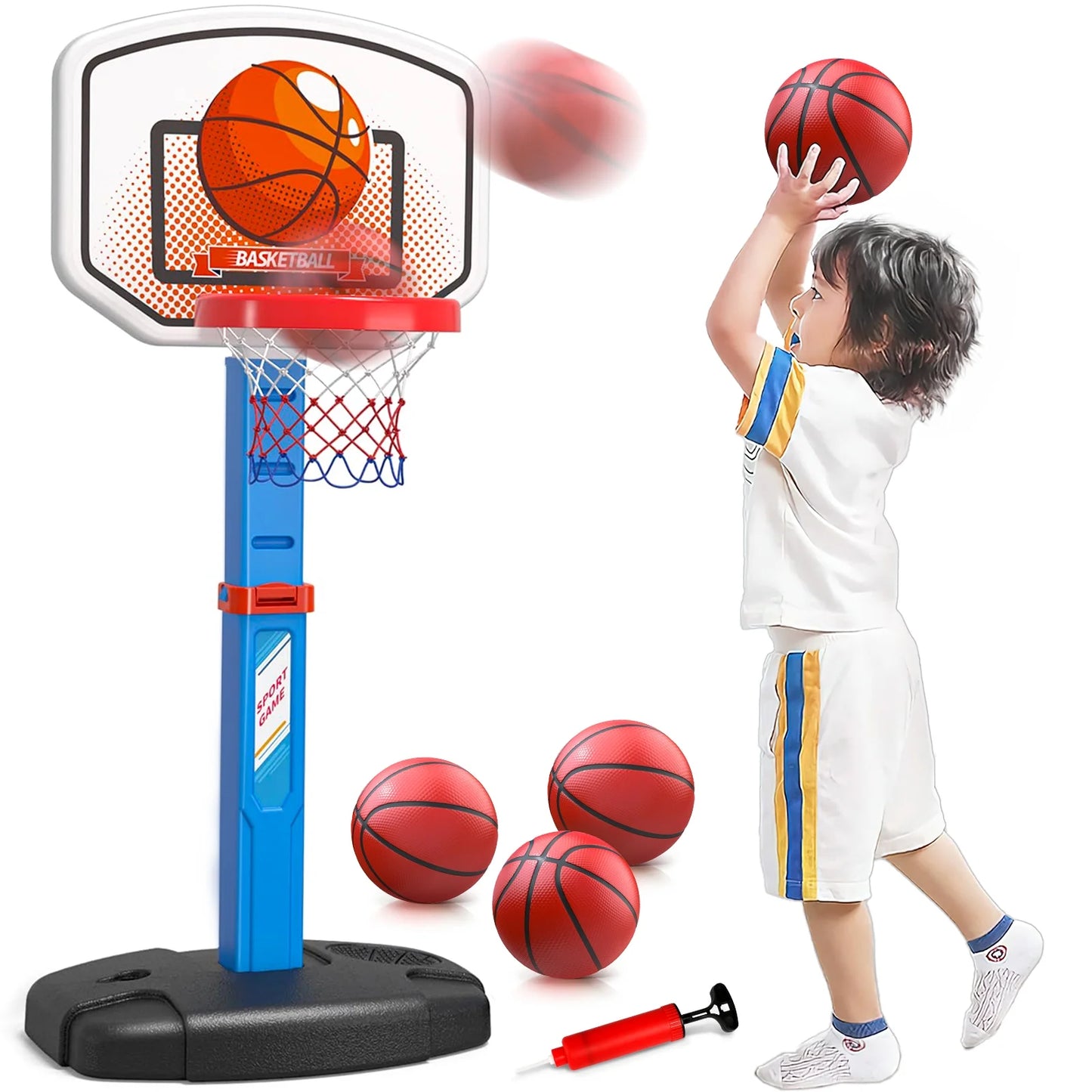 Toddler Basketball Hoops with 4 Balls, Adjustable Height Stand Basketball Toy w/ Ball Pump for Kids, Indoor/Outdoor Poolside Basketball Goal, Birthday Christmas Gift for Boys Girls 3 4 5 6+