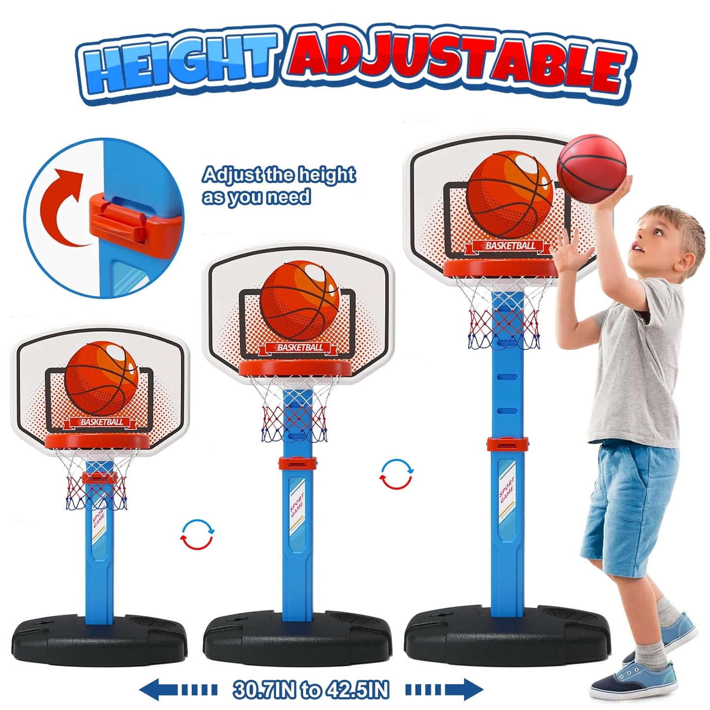 Toddler Basketball Hoops with 4 Balls, Adjustable Height Stand Basketball Toy w/ Ball Pump for Kids, Indoor/Outdoor Poolside Basketball Goal, Birthday Christmas Gift for Boys Girls 3 4 5 6+