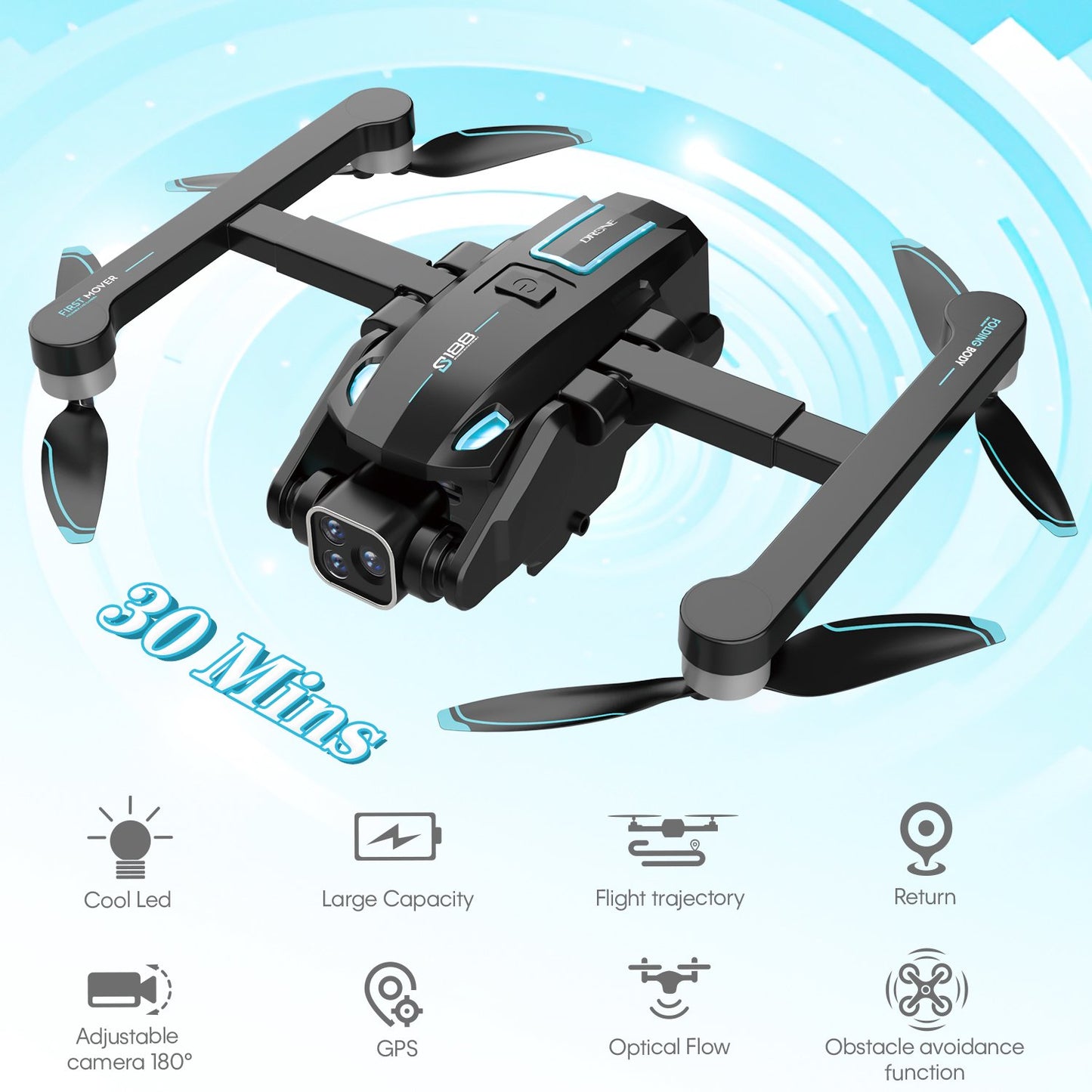 GPS Drones, S188 Foldable RC Drone with 4K HD Camera for Adults, Long Flying Time, Follow Me, 2 Batteries