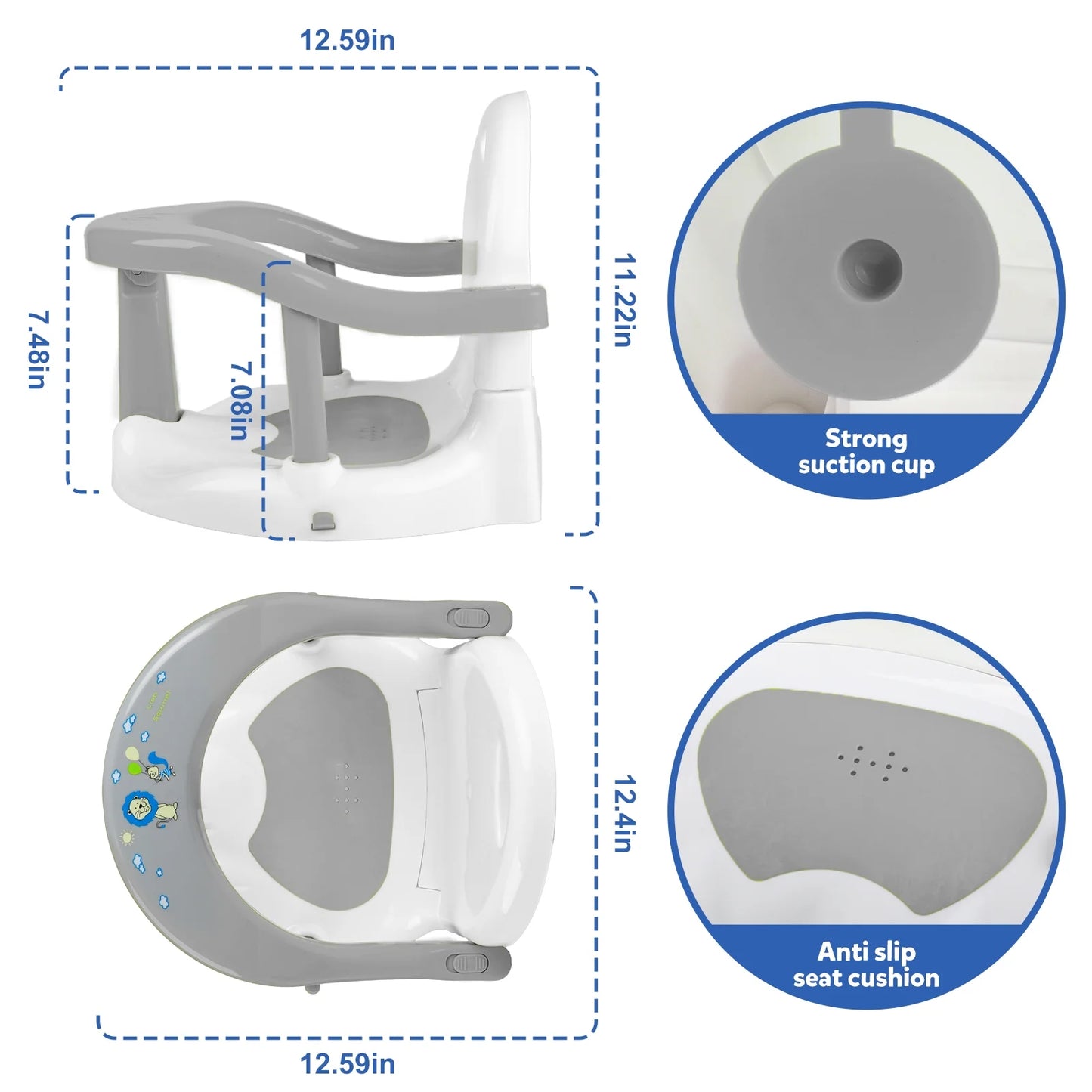 Bath Seat/Chair with Non-Slip Mat Gray and White, Bath Tub Chair with Suction Cups, Gift for Toddlers 6 9 12 18 Months.