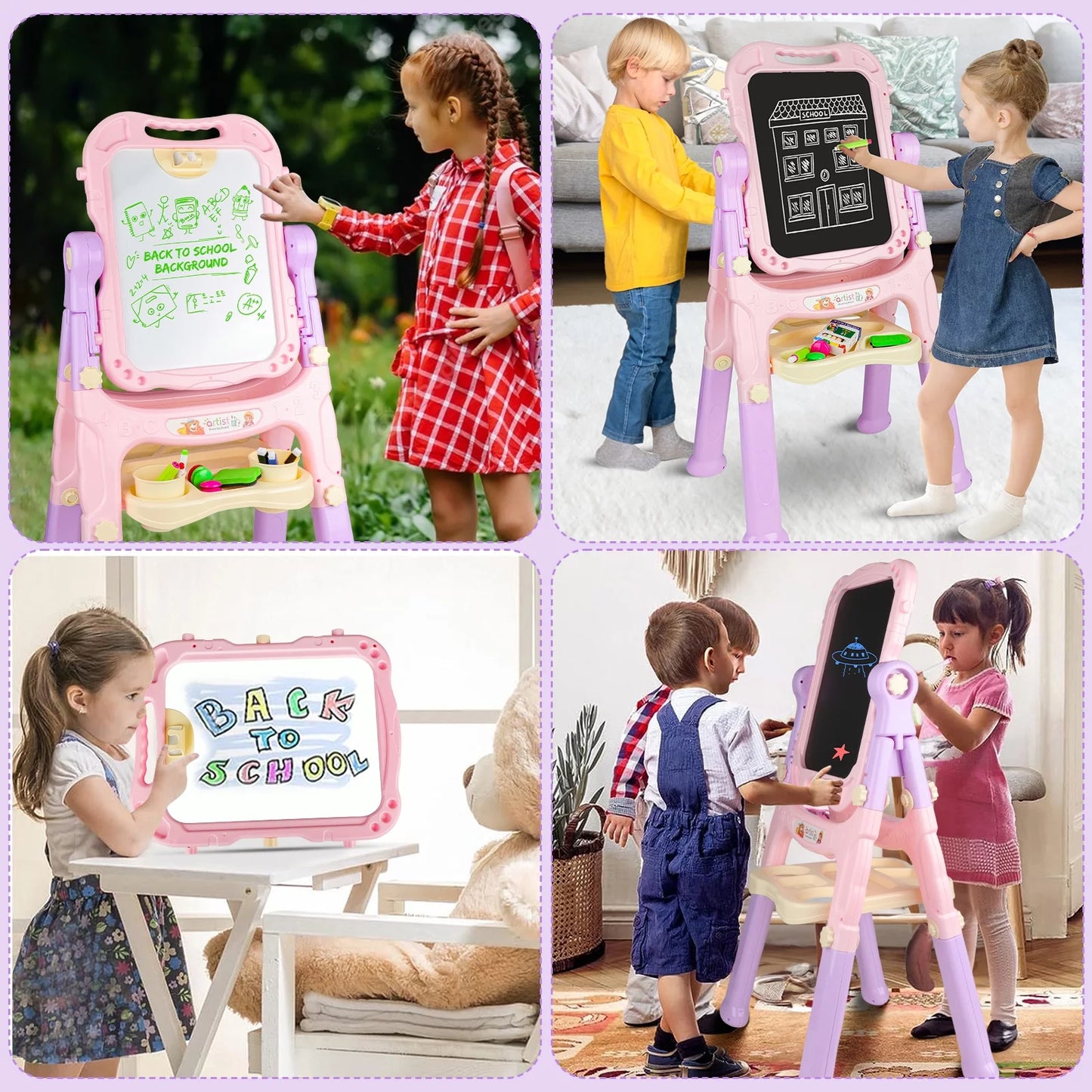 Art Easel for Kids, Adjustable Standing Rotatable Double Sided Easel with Painting Accessories for Toddlers Boys and Girls-Pink, Christmas Gift for Girls 3 4 5 6+