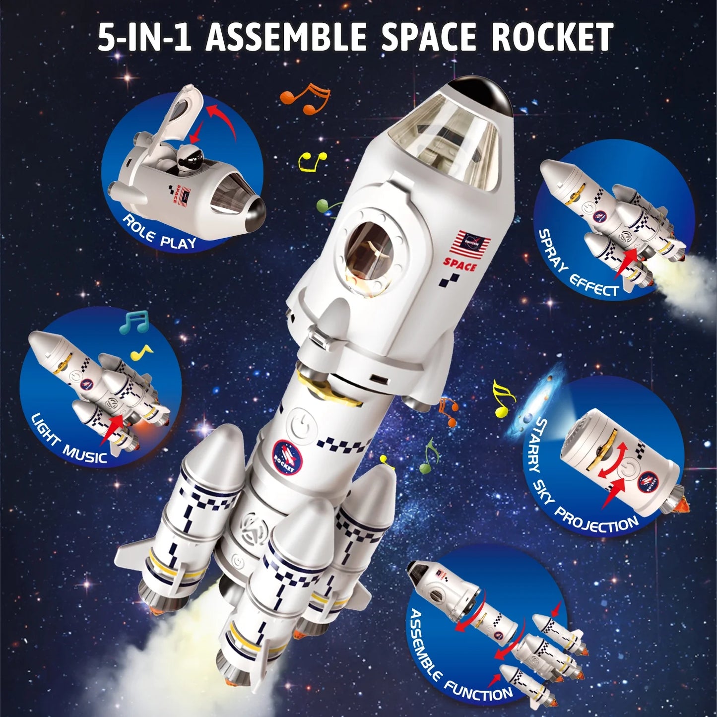 Space Toys, Rocket Ship Toys for Boy Kids 3 4 5 6 7 8 Years, 5-in-1 STEM Science Kit Toys for Boy Ages 3-5, Birthday Christmas Gift for Toddlers Boys, Projection Lamp, Astronaut Toys Model