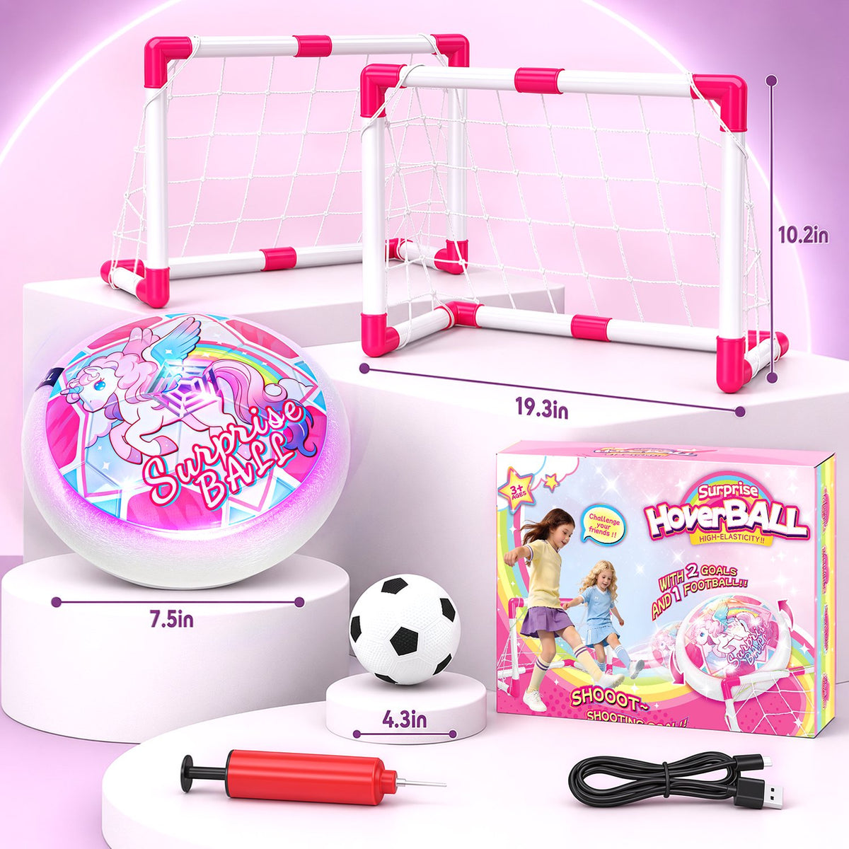 Hover Soccer Ball Set with 2 Goals, Unicorn LED Rechargeable Hover Ball, Kids Soccer Set, Outdoor Soccer Games Toys for Kids Ages 3-12, Christmas/Birthday Gift for Girls Boys.