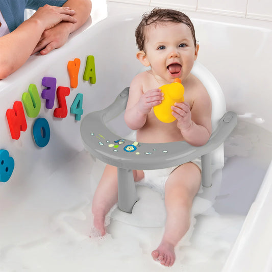 Bath Seat/Chair with Non-Slip Mat Gray and White, Bath Tub Chair with Suction Cups, Gift for Toddlers 6 9 12 18 Months.