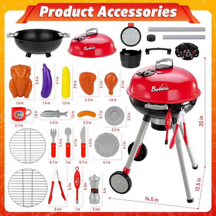 Kids BBQ Grill Set, Toddler Kitchen Playset Toys for Ages 2 3 4 5 6, Pretend Play Food Christmas Birthday Gift for Toddlers Kids 3-6 Years.