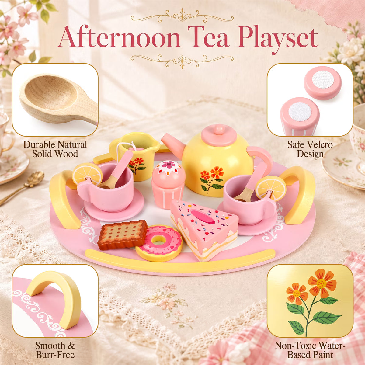 Wooden Tea Set for Girls Ages 3-6, Tea Party Toys for 3-6 Year Old Girls with Teapot, Tea Cups, Tray, Cake, Cookies and Pretend Play Kitchen Accessories Birthday Gift.