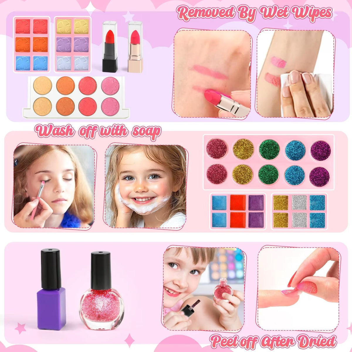 Girl Makeup Kit, 54pcs Washable Makeup Set Toys for Kids Girls Ages 3-6, Christmas & Birthday Gift for Girls Age 3 4 5 6 7 8, Pretend Play Rose Red Case Toys.