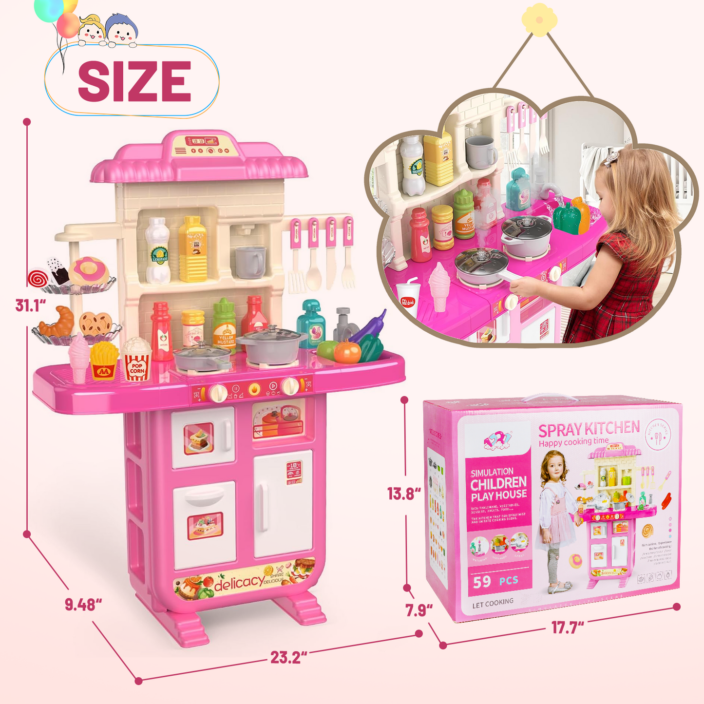 Play Kitchen Set, Toys for Girl Ages 2-4 Years, Kitchen Accessories with Light and Sound, Kids Kitchen Gifts for Girls 2 3 4 Years.(36" x 24" x 11")